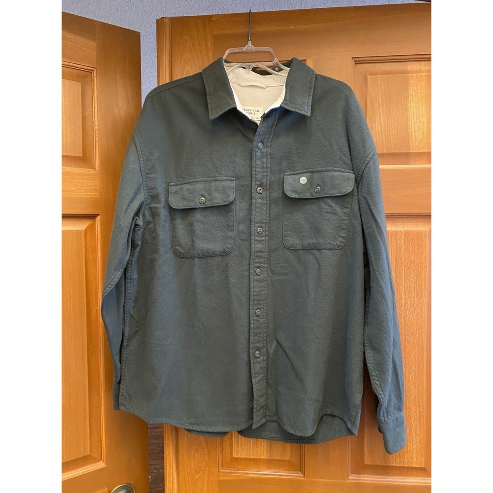 NEW American Eagle Mens Flannel Shirt Large Green Cotton Heavy Button Down